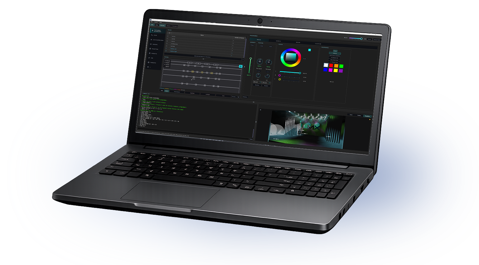 LMX running on a laptop: patch tables, colour picker, command line, and the 3D visualiser on screen